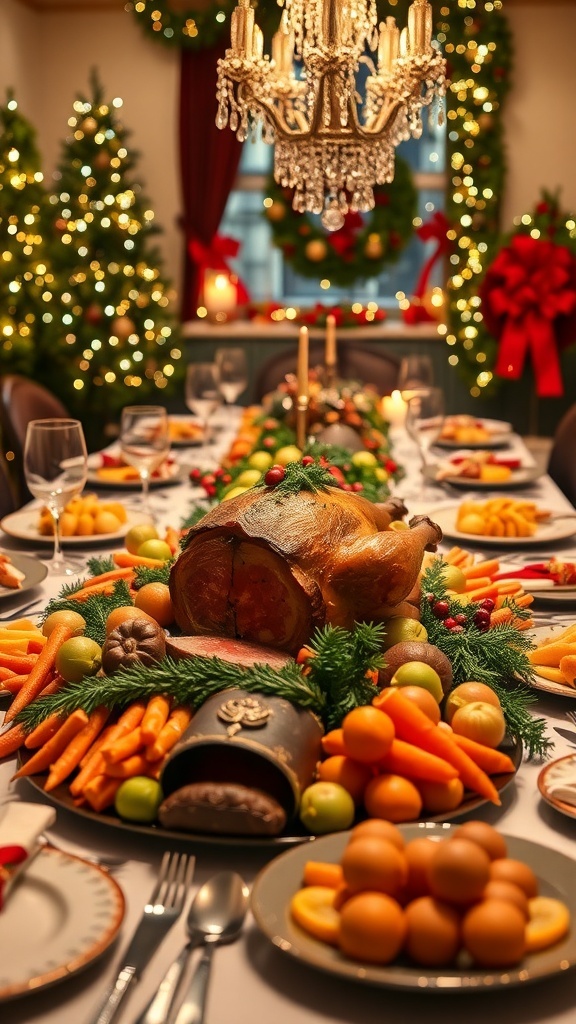 New York City Christmas Background Recipe A festive Christmas dinner table with roasted meat and seasonal vegetables, decorated for the holidays.